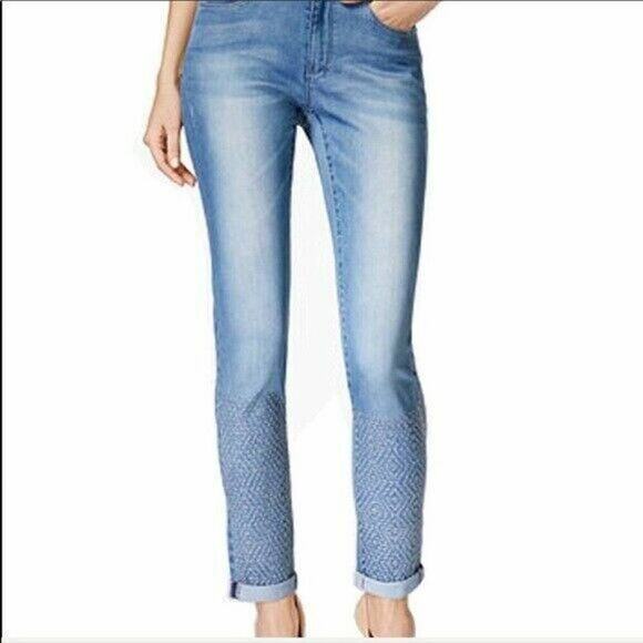 Nanette Lepore Nolita Skinny Geometric Embroidery Bottom Leg Womens Jeans Size 8 - Picture 1 of 11